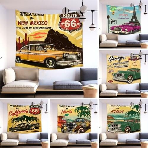 Route 66 Tapestry Vintage Style Garage Poster Service Repair Print Welcome To California Paris Gasonline Wall Hanging Decoration