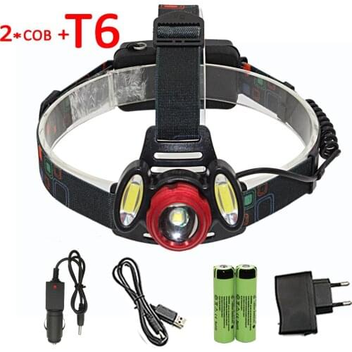 3 LED Light Headlamp 1x XML T6 + 2x COB Headlight 3000LM Powerful 4 Mode Head Lamp Flashlight 18650 Battery + Charger