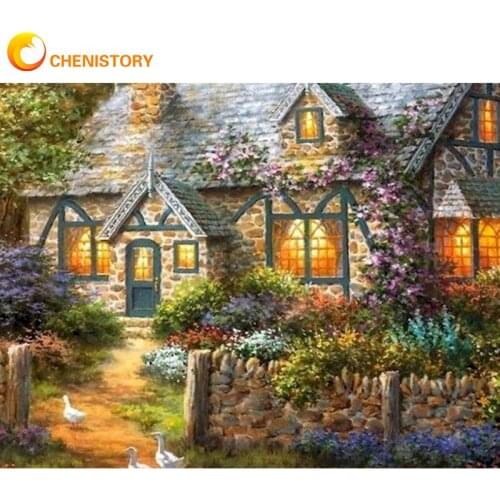 CHENISTORY Framed Painting By Numbers For Adults Children Village Castle Scenery Picture By Number Handmade Home Decor Photos