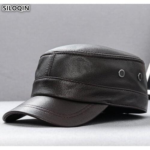 SILOQIN Mens Sheepskin Leather Brand Caps Genuine Leather Hat Army Military Hats New Simple Fashion Dads Flat Cap Snapback Cap