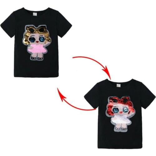 Summer Girls Tops Cotton Clothing Magic Sequin T Shirt Change Graph Doll Casual T Shirt Kids Tops Tee