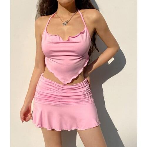 Summer 2021 Women Set Halter Crop Top Solid Sexy and Mini Skirt Party Outfit Club Two Piece Sets Dress Sets Beach