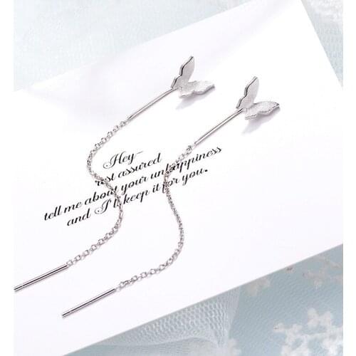 Sweet Women Butterfly Earrings Jewelry 925 sterling silver Long Tassel Statement Drop Earring for Girl Valentines Day