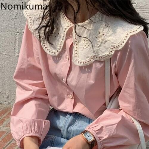 Nomikuma Korean Hit Color Lace Peter Pan Collar Patchwork Blouse Causal Puff Sleeve Elegant Shirt Spring 2021 New Blusas 6G242