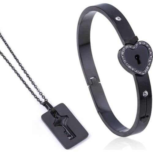New Fashion A Couple Lovers Jewelry Love Heart Lock Bracelet Stainless Steel Bracelets Bangles Key Pendant Necklace Jewelry