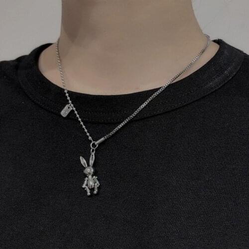 Hip Hop Mechanical Rabbit Stainless Steel Necklace Ancient Silver Color Pendant Music Festival Party Long Necklace for Men Women