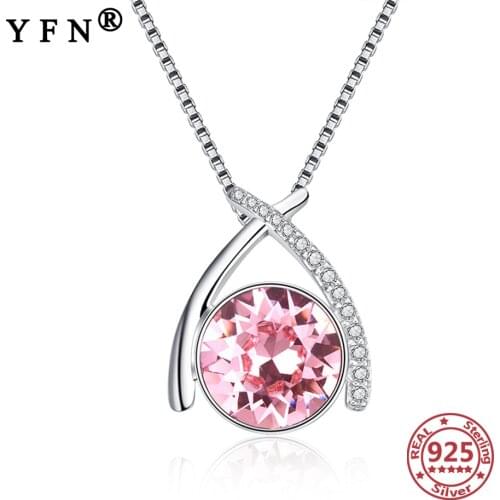 YFN 925 Sterling Silver Necklace Pink Crystal From Swarovski Pendant Necklace For Trendy Jewelry Valentines Day Gift Moms Gift
