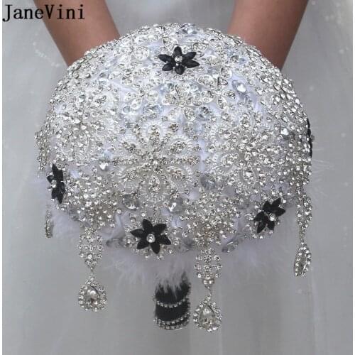 JaneVini Luxury Crystal Bridal Bouquets with Feathers Handmade White Satin Flowers Bling Full Diamond Wedding Brooch Accessories