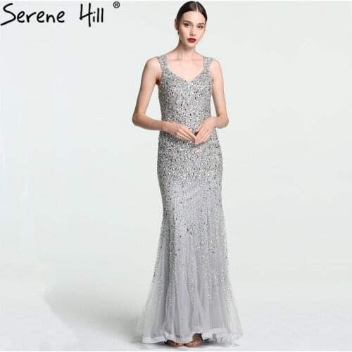 Luxury Crystal Dubai Spaghetti Straps Evening Dresses 2020 New Gray Mermaid Formal Dress Party Serene Hill BLA6138