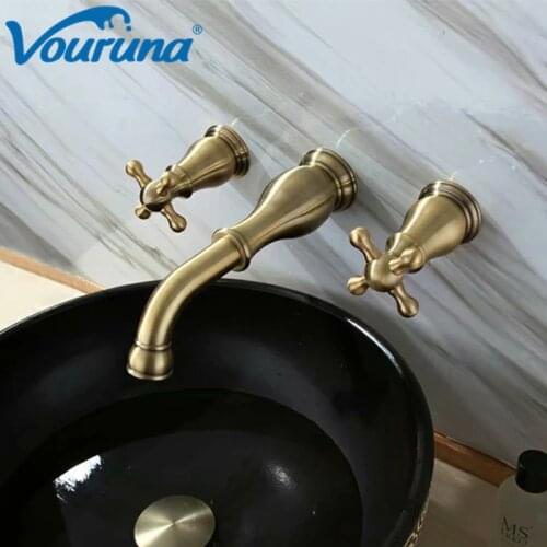 Vouruna New Solid Brass Bronze In Wall Mounted Bathroom Faucet Built in Basin Wash Mixer Tap Sets