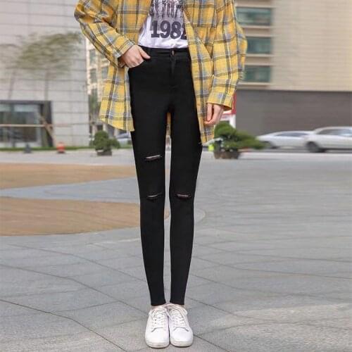Women Fashion Black White Magic Pencil Pants Rip Hole Ankle-Length Female High Waist Stretch Oversize Gothic Casual Skinny Pants