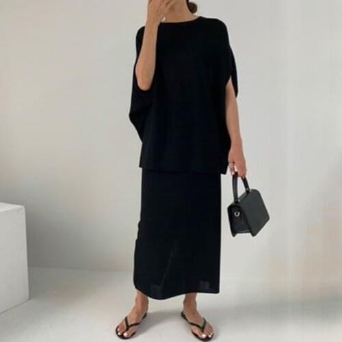 Women matching sets autumn Korea Style Fashion Short Sleeve Hoodie And Straight Skirt Plain Black 2pcs Setup Casual Ladies suits