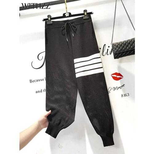 WITHZZ Women Spring Summer Fashion Hollow Out Knitted High Waist Trousers Female Loose Sports Casual Harem Pants