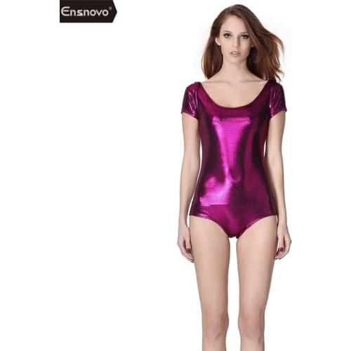 Ensnovo Short Sleeve Gymnastics Leotard Ballet Costumes Women Nylon Custom Skin Justaucorps Dancewear Tights Shiny Leotard Tight