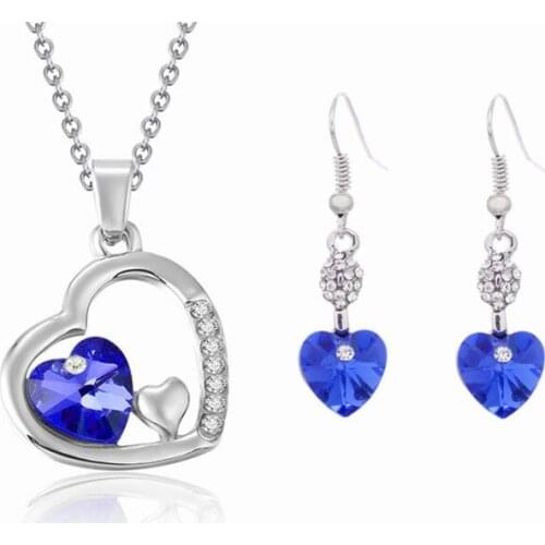 QiLeSen Fine jewelry 925 sterling silver suitable for ladies set,Water droplets peach heart navy blue Necklace Earring Set YW179
