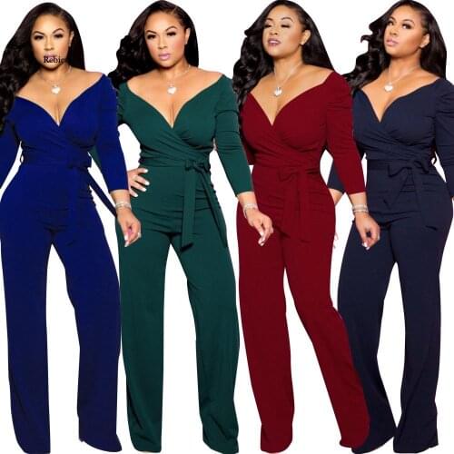 Women Sexy Jumpsuit Office Elegant Long Jumpsuits Plus Size V Neck Lace Up Solid Blue Ladies Overalls Oversized Rompers