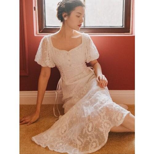 Summer White & Black Lace Women Dress Retro Style Square Collar Puff Sleeve Large Size Long Dresses Elegant Lady Vestido Branco