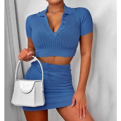 Women Sexy V Neck Short Sleeve Button Pink Blue Bodycon Summer Two Piece Dress 2020 Female Cotton Casual Sets Party Vestidos
