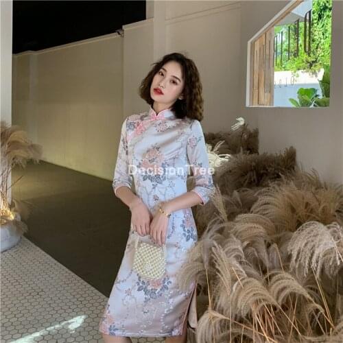 2021 chinese dress elegant print flower women cheongsam chinese traditional dress rayon qipao vestidos oriental party dress