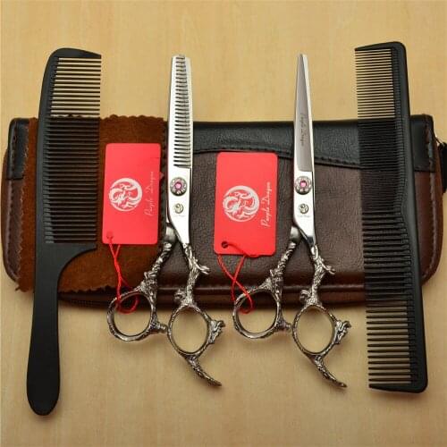 4Pcs Suit 6'' Silvery Professional Human Hair Scissors Hairdressing Shears Combs + Cutting +Thinning Shears Dragon Carving Z9005