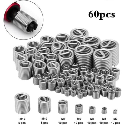 60pcs Spiral Wire Screw Sleeve High Strength Thread Insert Set Industrial Stainless Steel Repair Tool M3 M4 M5 M6 M8 M10 M12