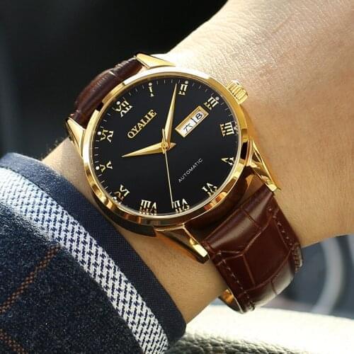 Double Calendar Automatic Mechanical Watch Simple Waterproof Watches for Men with True Leather Belt or Steel Belt Night Light