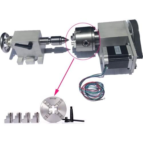 CNC 4th Rotary Axis K12 4Jaw 80mm/3.15" Lathe Chuck Nema 23 Stepper Motor Dividing Head+Tailstock for Woodworking Carving