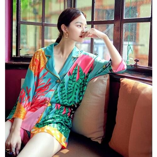 Personalized Colorful Plant Silk Like Pajamas Long-Sleeve Korean Style Satin Fashion Casual Homewear Spring and Autumn New 2021