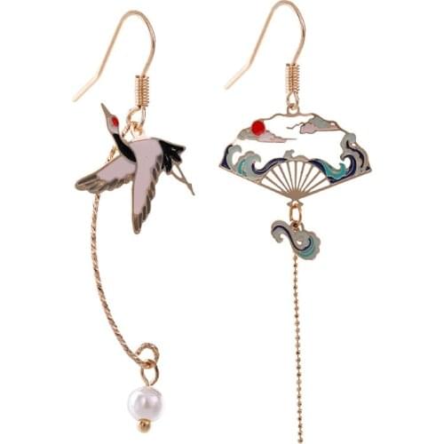 Chinese Style Bird Clouds Fan Earrings For Women Romantic Elegant Simple Charms Animal Long Asymmetry Jewelry Accessories