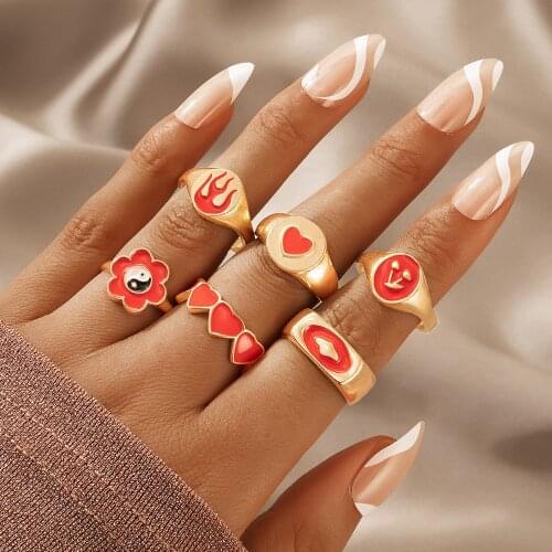 HuangTang Red Dripping Oil Heart Tai Chi Ring Sets for Women Gold Alloy Metal Flower Joint Rings Charmings Jewelry 19792 кольца