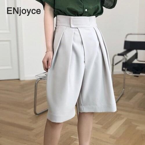 Korean High Waist Wide Leg Velcro Short Pants Women Summer 2020 Formal Solid Grey Straight Plus Size Shorts Fashion New
