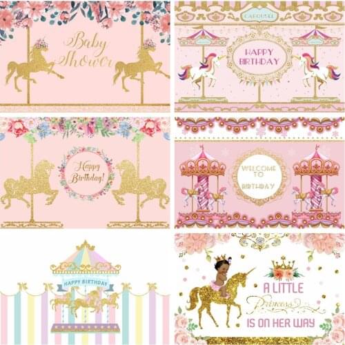 Laeacco Birthday Photo Backdrop Unicorn Carousel Flowers Kids Newborn Photography Backgrounds Baby Shower Photocall Photo Studio