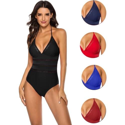 Summer Women Bohemia Mesh Tummy Control Solid V Neck Halter Swimwear Bathing Suits One Piece Swimsuits Bikinis Set