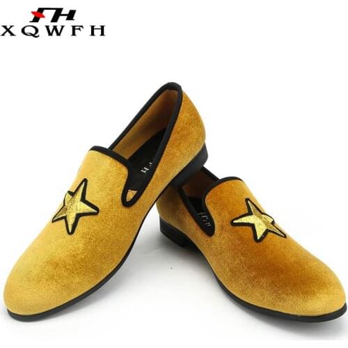 XQWFH Men Gold Velvet Dress Shoes Men Smoking Slipper Party and Wedding Loafers Mens Slip-on Big Size 5.5-13.5