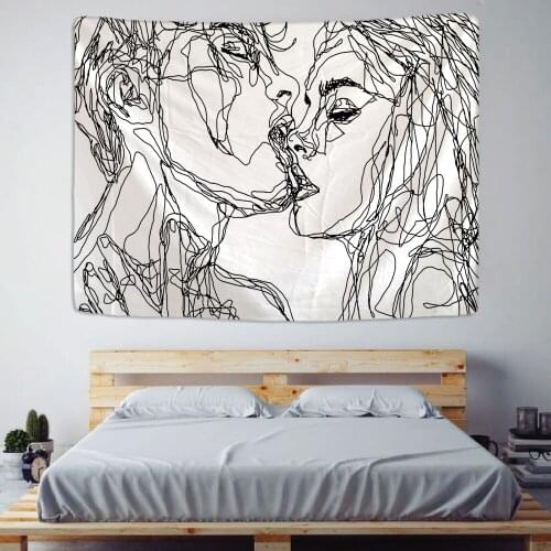 Wall Tapestry Hippie Kiss Black And White Lover Tapestry Wall Hanging Simple Love For Home Deco Living Room Bedroom Wall Art