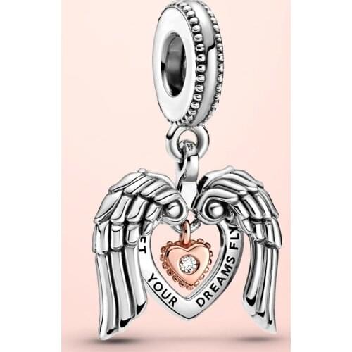 New 100%925 Sterling Silver Angel Wings & Heart Dangle Charm Fit Original Pandola Bracelet DIY fine Jewelry Valentines Day Gift