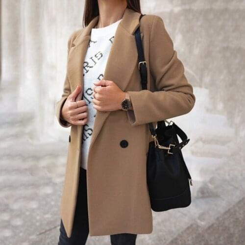 Autumn Winter Women Coat Jackets Solid Color Lapel Double-breasted Woolen Midi Trench Coat Loose Long Sleeve Jacket Warm Elegant
