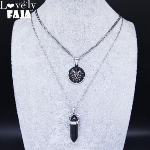 AFAWA Pentagram Satan Sheep Head Stainless Steel Layered Necklace Women Black Color Hexagonal Column Quartz Jewelry N3768S03