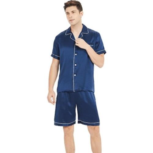 100% Pure Silk Pajamas suit Men Summer Spring bottoms Short sleeve two-piece 100% silk Sleepwear suit noble men Pajamas Set