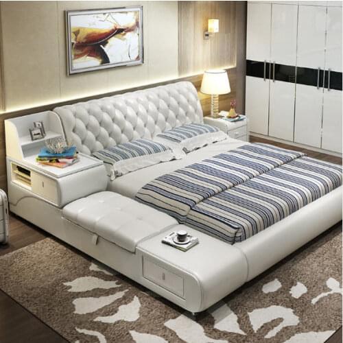 Post modern real genuine leather bed / soft bed/double bed king/queen size bedroom home furniture with storage box and drawers