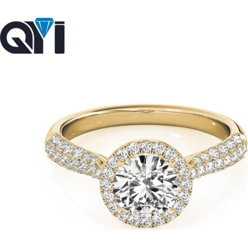 QYI 1 Carats Simulated diamond Pure 14k Yellow gold Multi Row Band Wedding Ring Classic Halo Engagement For Women