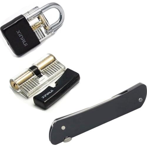 Locksmith Folding Knife for Practice,6 in 1 Lock Knife with Transparent Lock,Stainless Steel Pick Pocket Tools