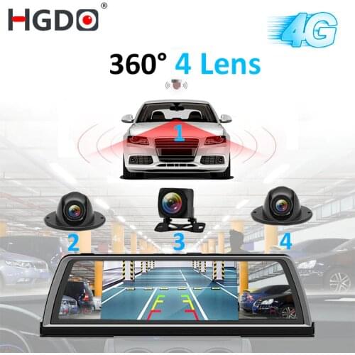 HGDO H100 4 Lens ADAS Car DVR Camera Video Recorder Mirror 4G 10" Media Rearview Mirror 4 Core Android Dash Cam FHD 1080P GPS