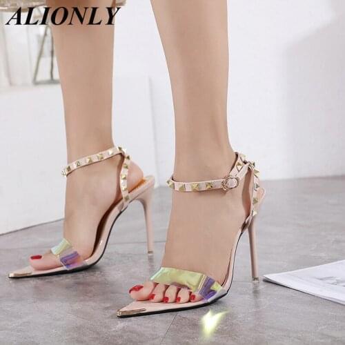ALIONLY Female Stiletto Sandals for Women 2021 Summer With Rivets High-Heeled Pointed Toe Iron-Toed Female Sandals Slippers