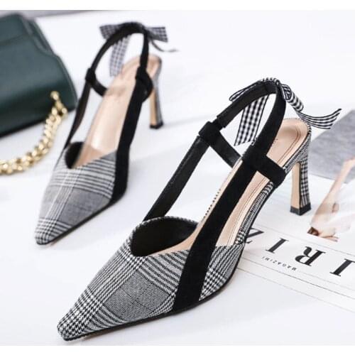 2021 New Arrival Plaid Sandals Women Pointed Toe High Heels Sandals Wild Slim OL Office Ladies Pumps Shoes