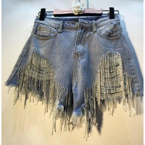 Rhinestone Heavy Tassels Denimi Shorts Spring Summer 2020 High Thin Waist Light Blue Cowboy Shorts Women