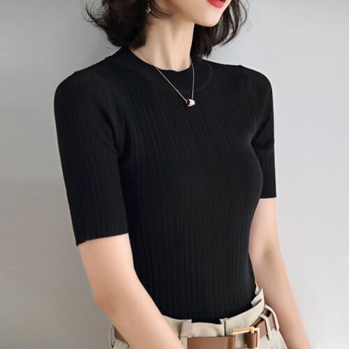 Women Summer Textured Knitted Tops Crew Neck Short Sleeve Sweater