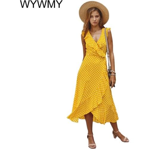 WYWMY Summer Dress Women Boho Style Beach Dress Fashion Sleeveless V-neck Polka Dot Elegant Party Dress Yellow Sundress Vestidos