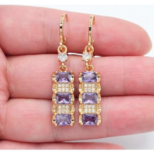 Gold Color Women Fashion Purple Zirconia CZ Geometric Blocks Dangle Earrings Jewelry