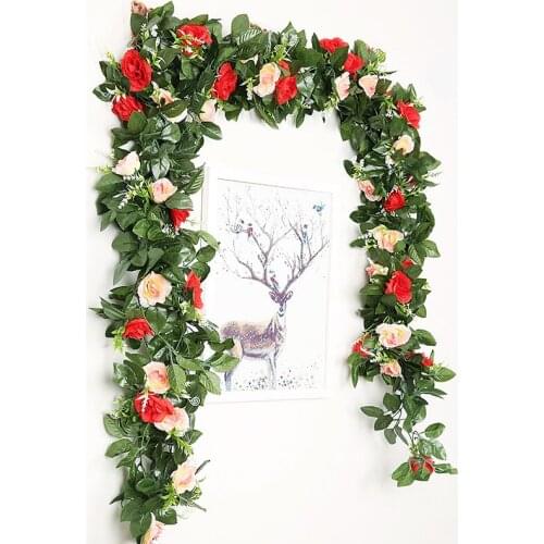 2.4m Silk Artificial Rose Vine 11 Head Hanging Flowers Wall Decoration Rattan Fake Plants Leaves Garland Home Room Wedding Decor